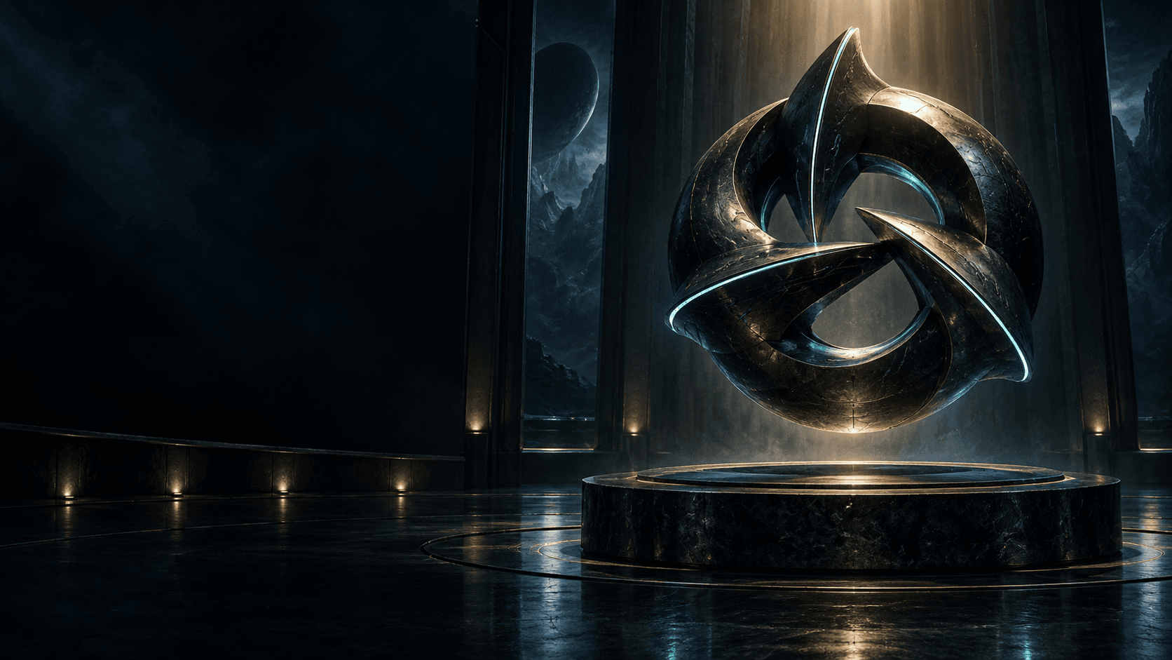 Fictional metallic artifact in a dark observation chamber