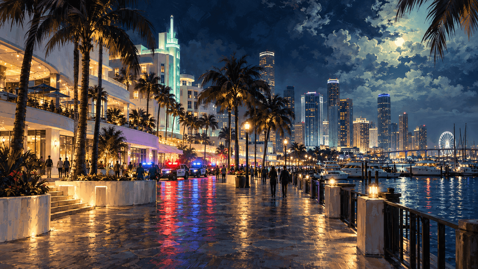 Painted fictional Miami waterfront shopping promenade with palms and distant police lights